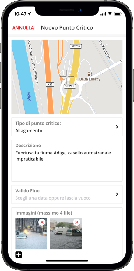 Interfaccia smartphone per l'inserimento di un punto critico